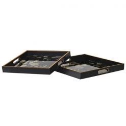 Papillon Living Set Of 2 Black & Floral Design Trays